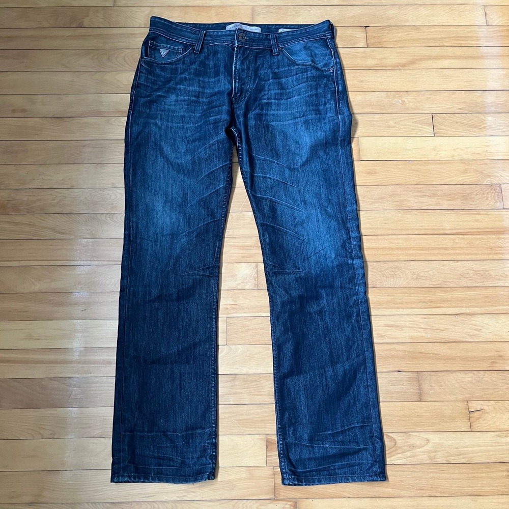 Guess Los Angeles 1981 Mens Regular Straight Leg Dark Wash Indigo Jeans 34x32